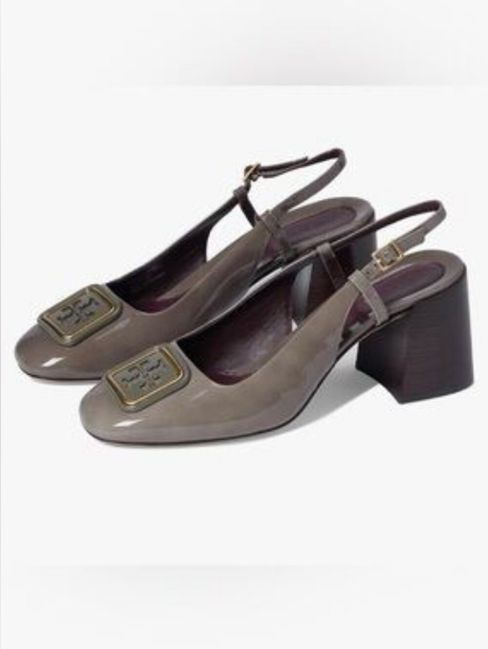 Tory Burch Georgia Taupe Patent Leather Slingback Block Heels Shoes 8